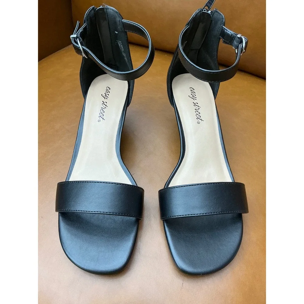 Easy Street Shalee Sandals Womens 7.5W Black Kitten Heel Ankle Strap